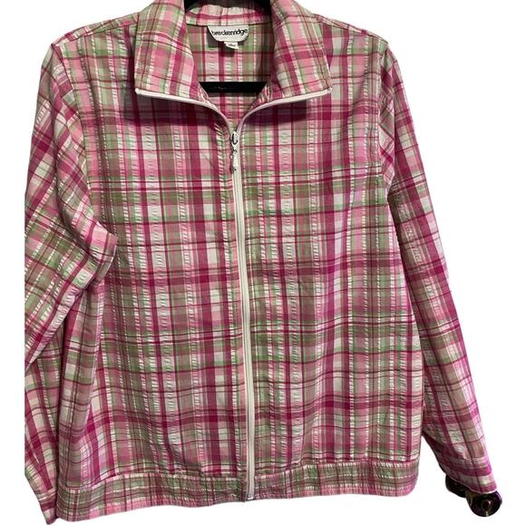 Breckenridge Womens Zip Up Collared Shacket Medium Pink Green Plaid Preppy Thin - Picture 8 of 11